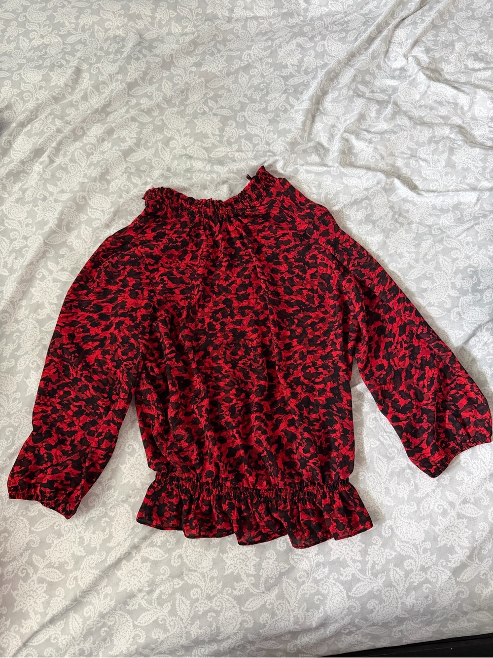 by & by Red and Black Floral Smocked Neck Blouse
